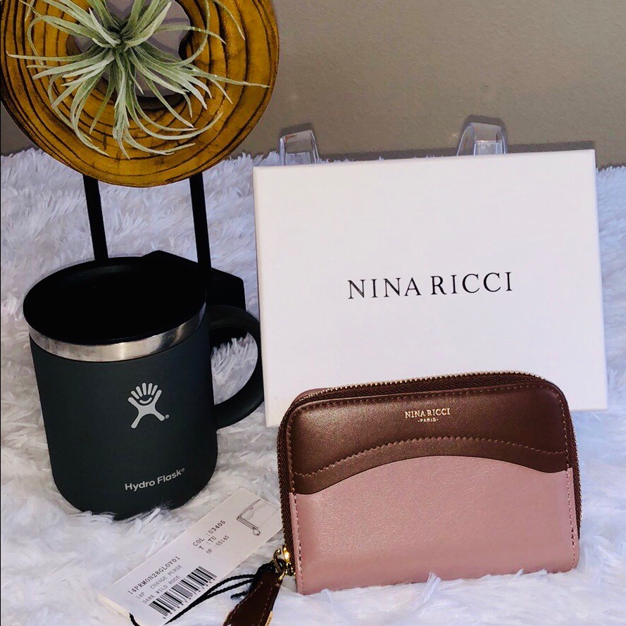 Nina Ricci Lambskin Leather Compact Zip Wallet New